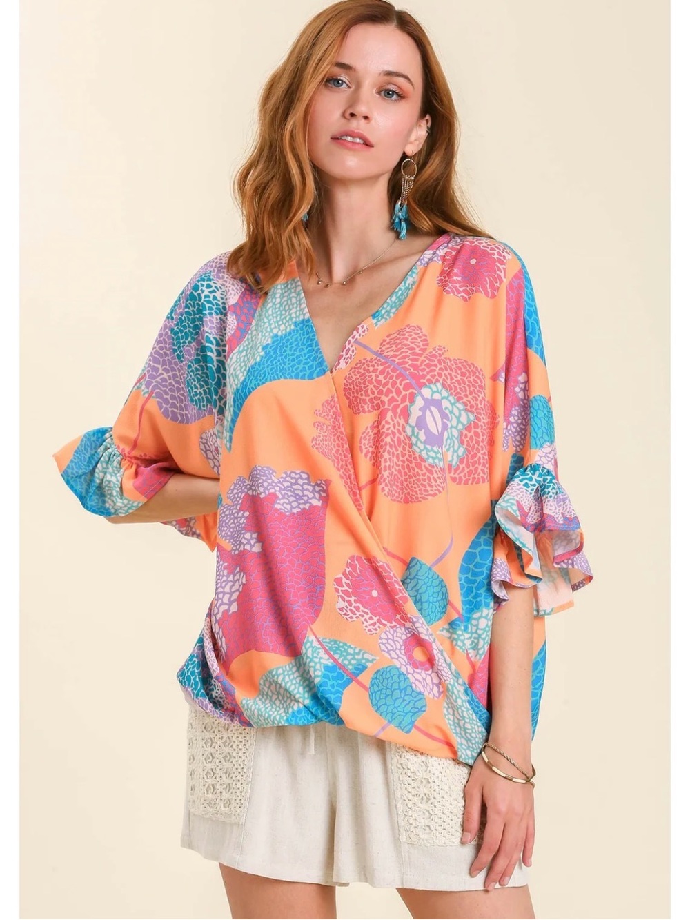 Umgee Mango Mixed Print gathered sleeves Blouse. Boho Vacay Relaxed